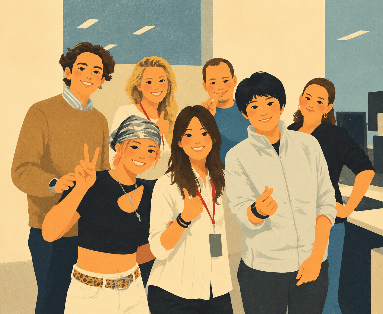 Huawei innovation lab team in a warm retro office illustration
