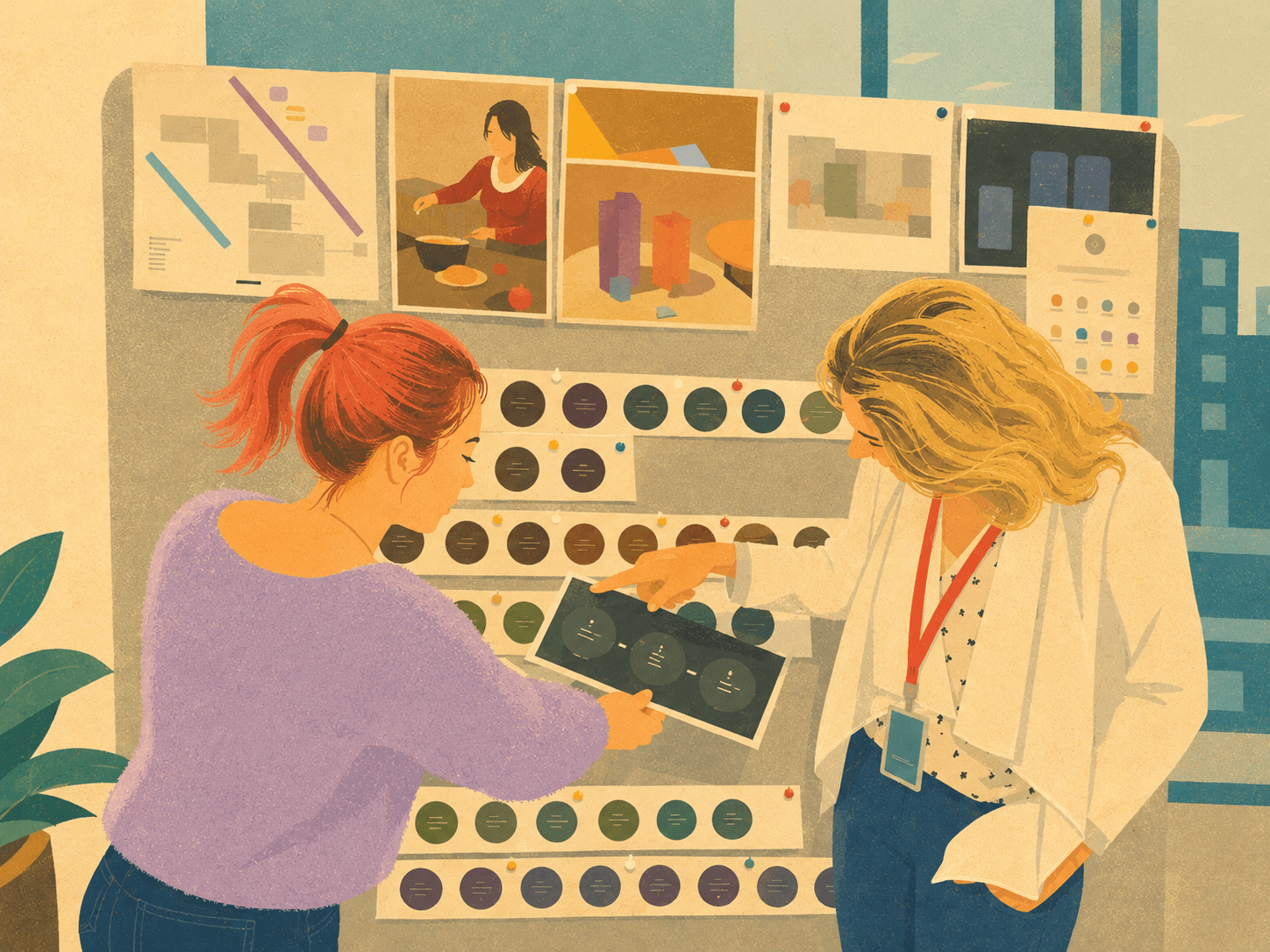 Two designers discussing ideas in a warm retro workshop illustration