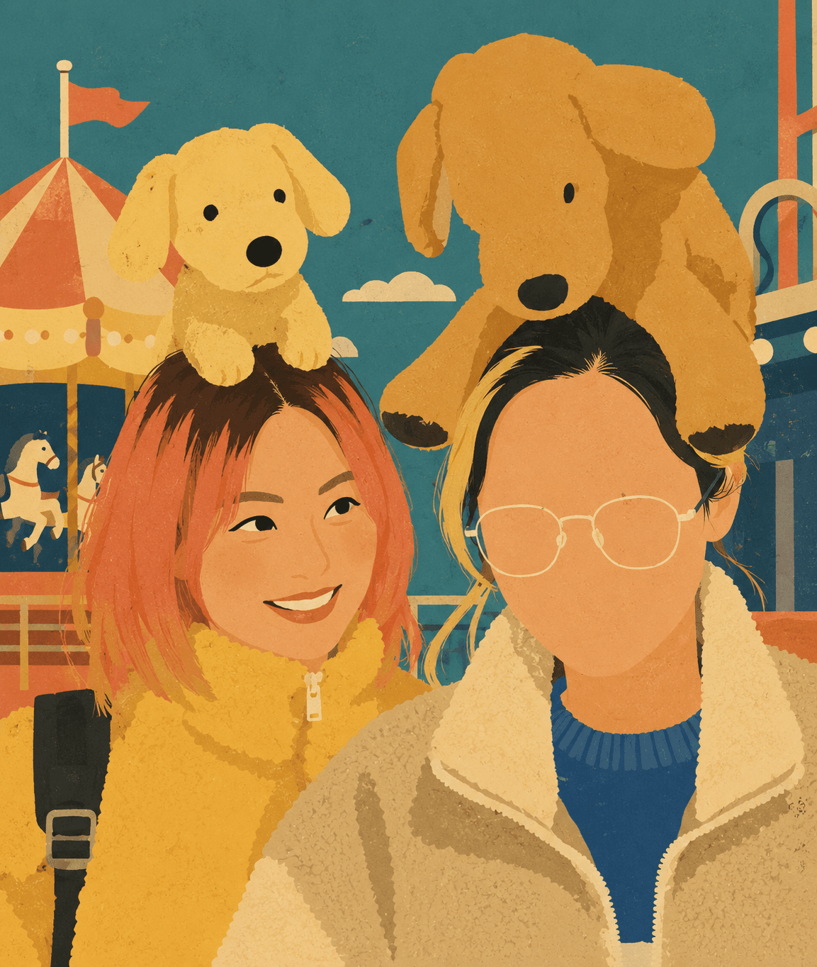 Friends in a warm retro amusement park illustration