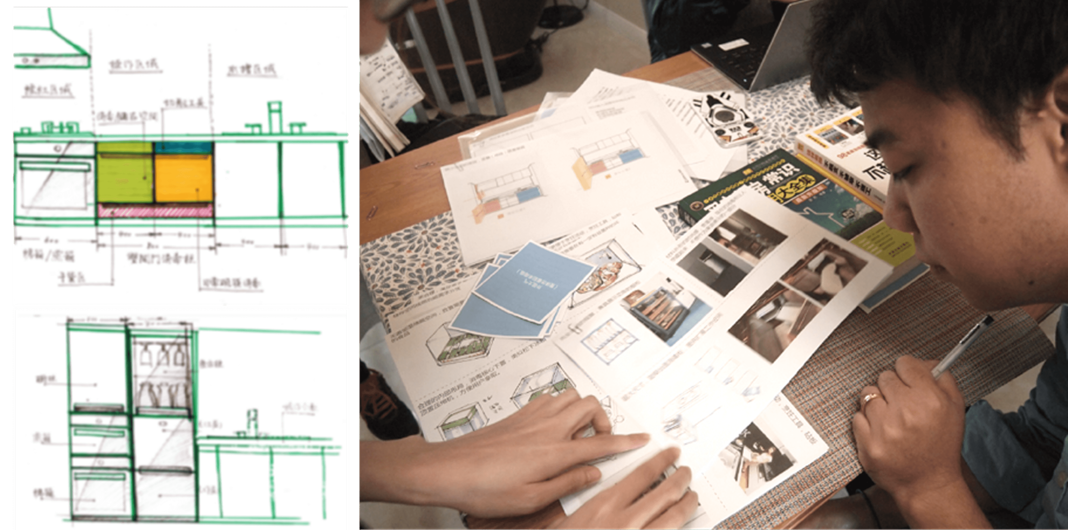 Contextual research with a participant reviewing kitchen layouts and product concepts
