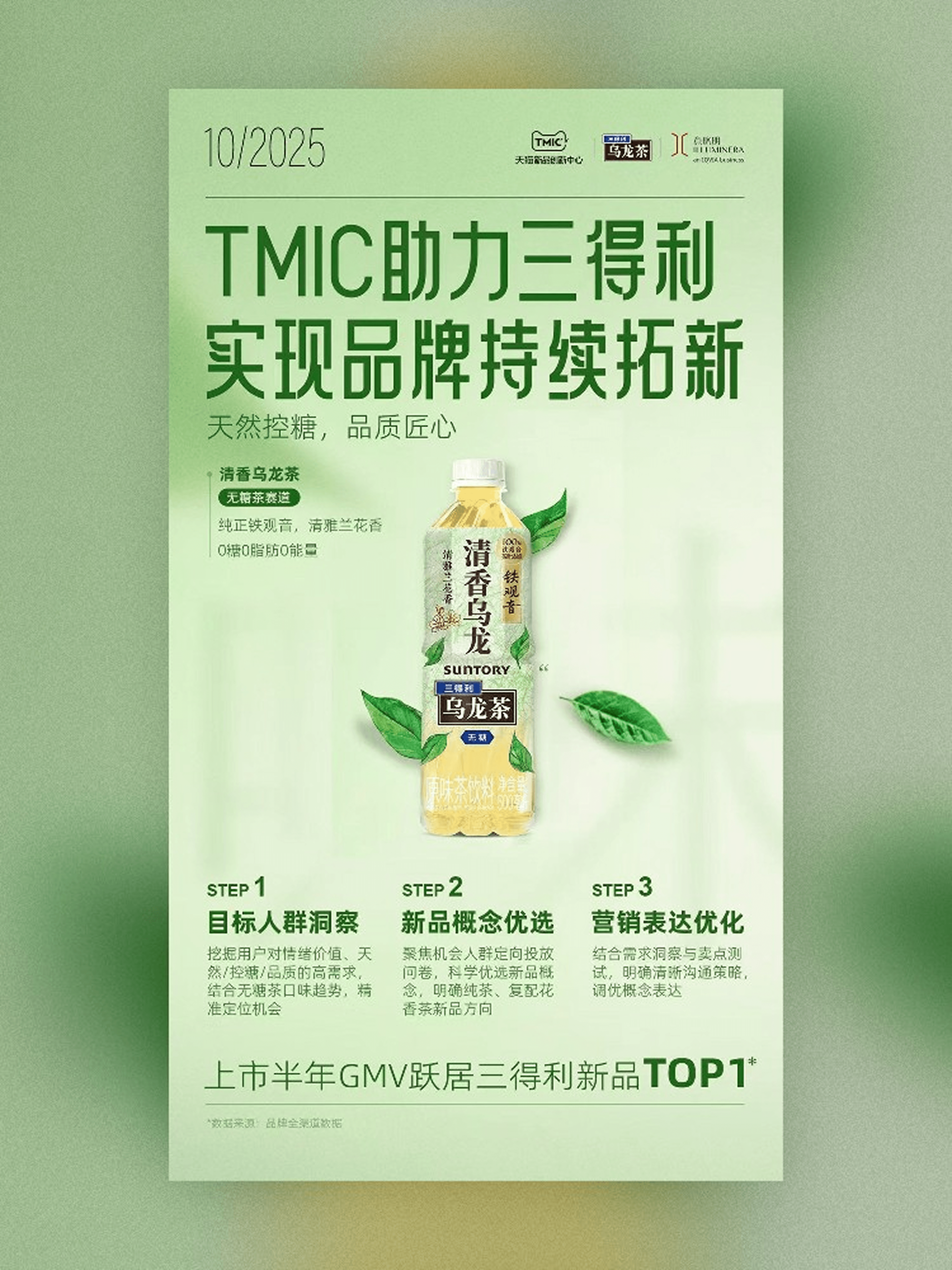 Suntory Qingxiang Oolong Tea impact poster showing the product, launch process and top new-product GMV result