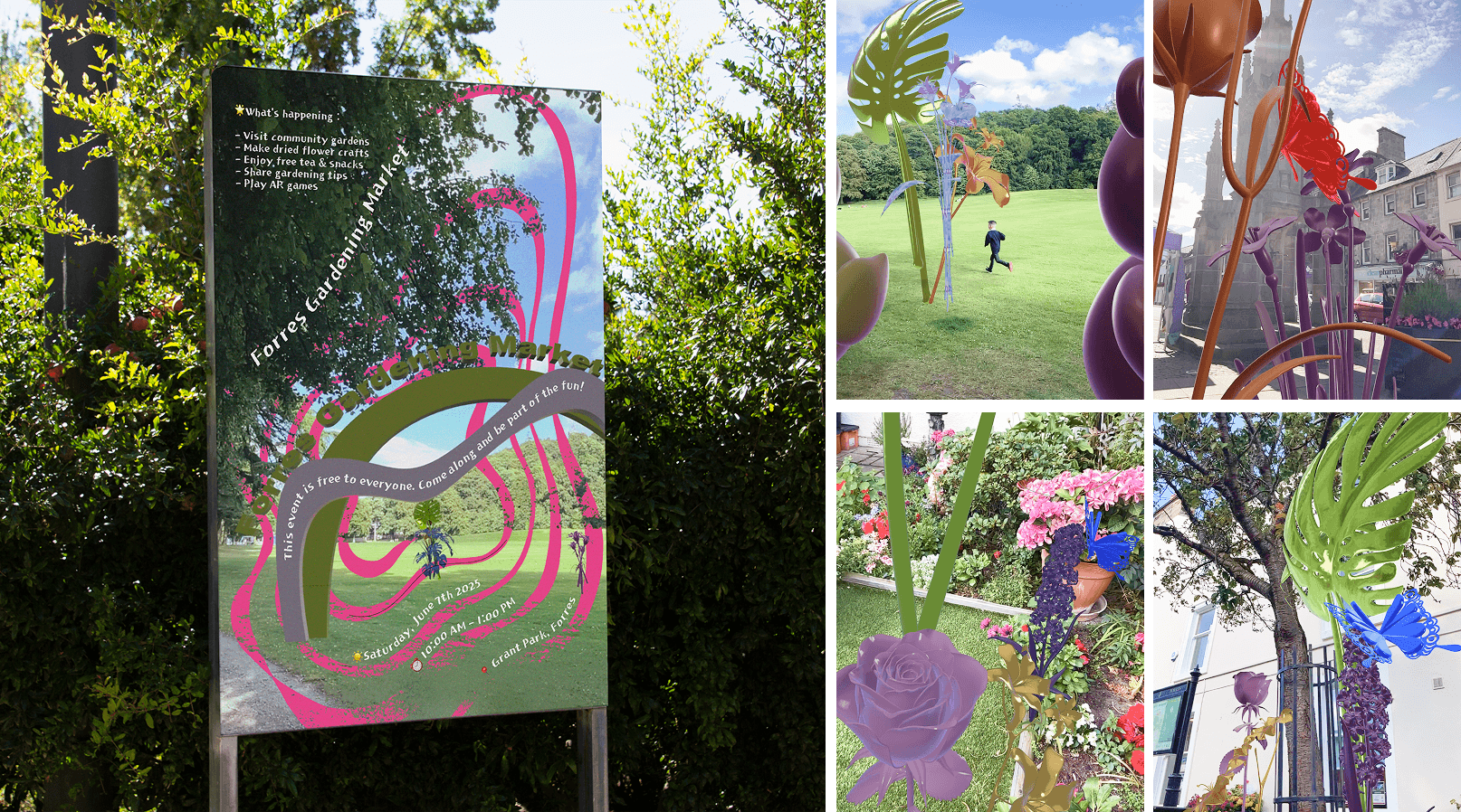 AR gardening market poster and augmented garden scene collage