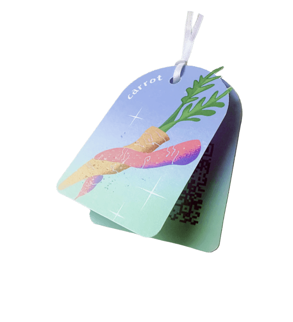 Folded carrot seed bag tag with ribbon
