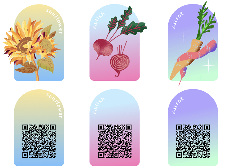 Front and back seed bag tag designs with QR codes