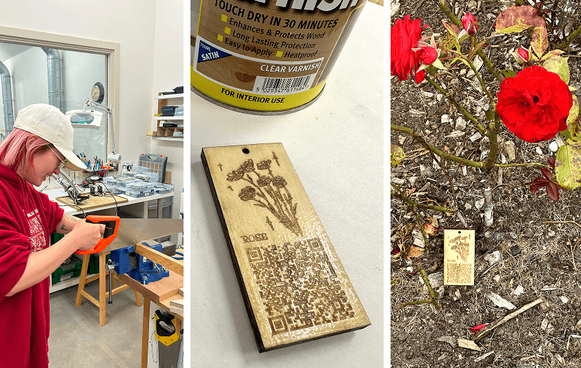 Making and installing wooden street signs for community garden plants
