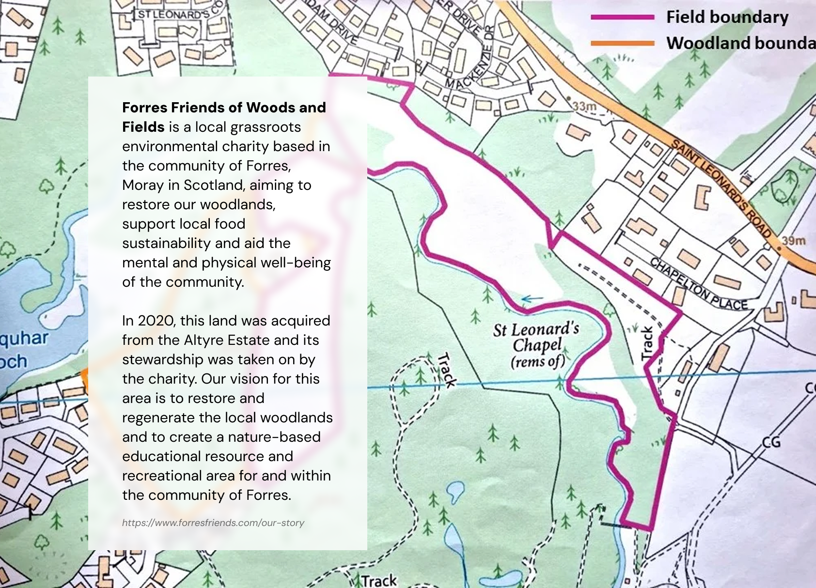 Forres Friends of Woods and Fields introduction over a site boundary map