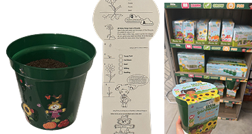 Gardening toolkit for kids with pot, instruction sheet and shop display