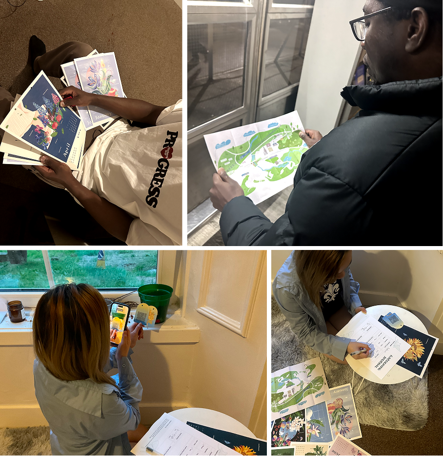 Participants testing the gardening calendar, map and seed bag toolkit.