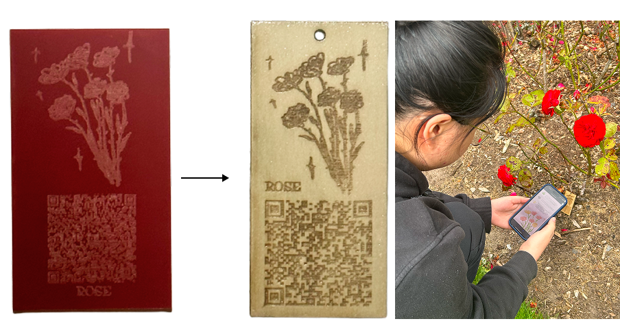 Street sign material iteration from acrylic to wood with waterproof coating, tested beside a rose bed.